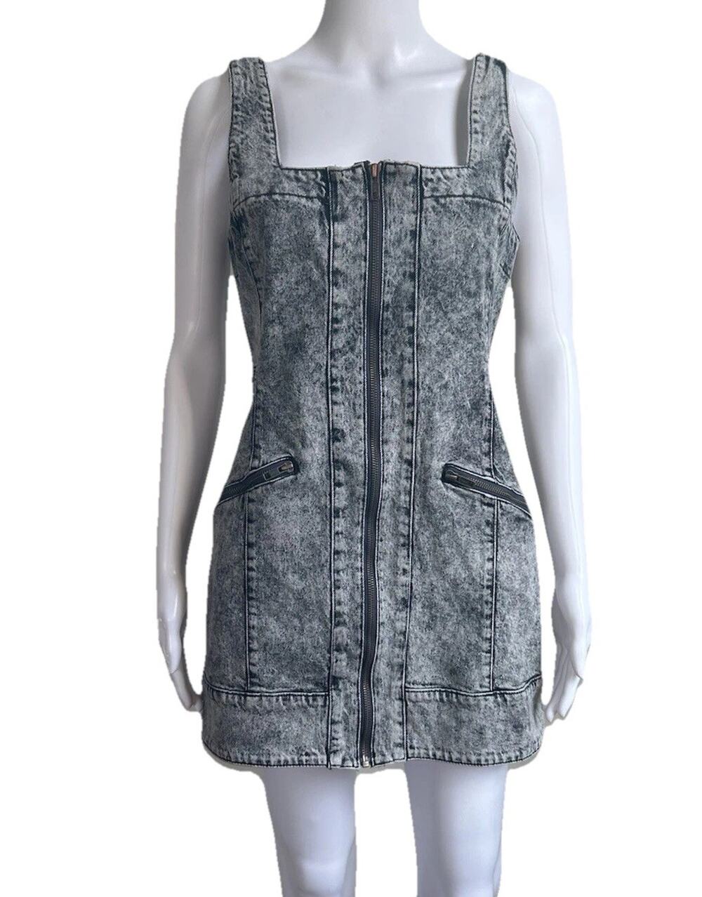 Free People Denim Mini Dress Womens 4 Acid Wash Zip Front Bodycon Y2K Grunge